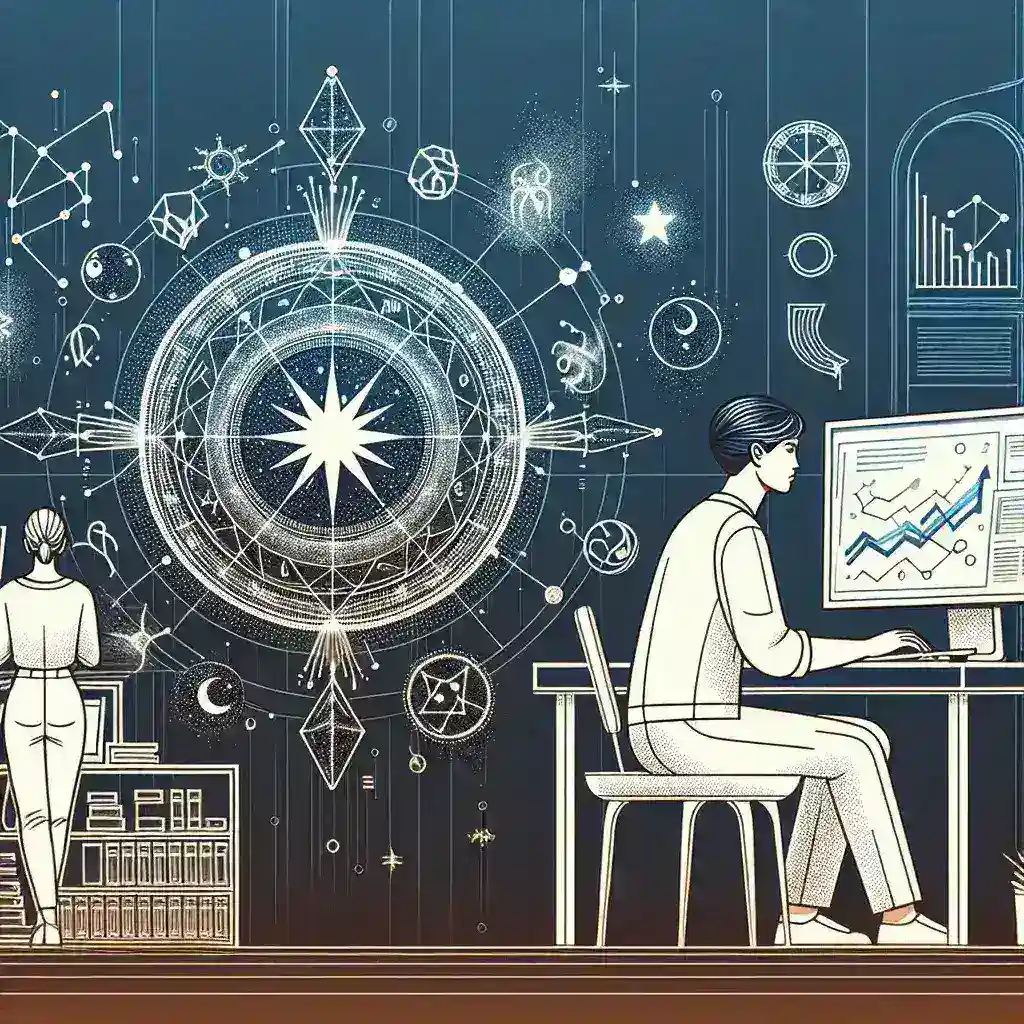 "Data scientist analyzing astrological charts and patterns using advanced data visualization techniques in a digital workspace"