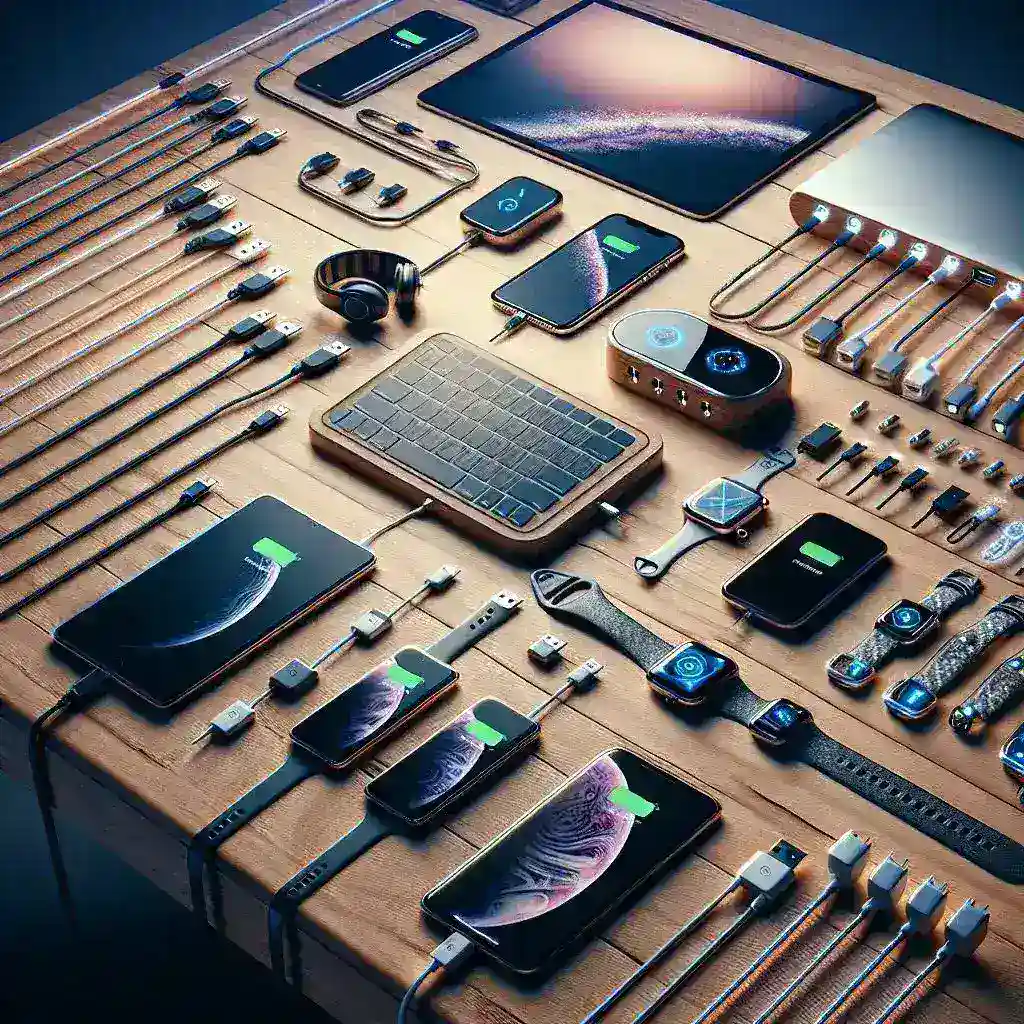 "Multi-device charging station with smartphones, tablets, and laptops connected, showcasing efficient power solutions for modern digital devices in a well-organized workspace."