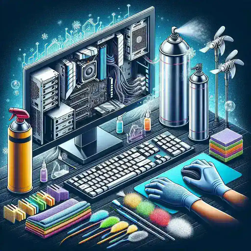 "Step-by-step guide to cleaning a desktop PC, showcasing tools and methods for optimal performance and longevity, including dust removal and component maintenance."