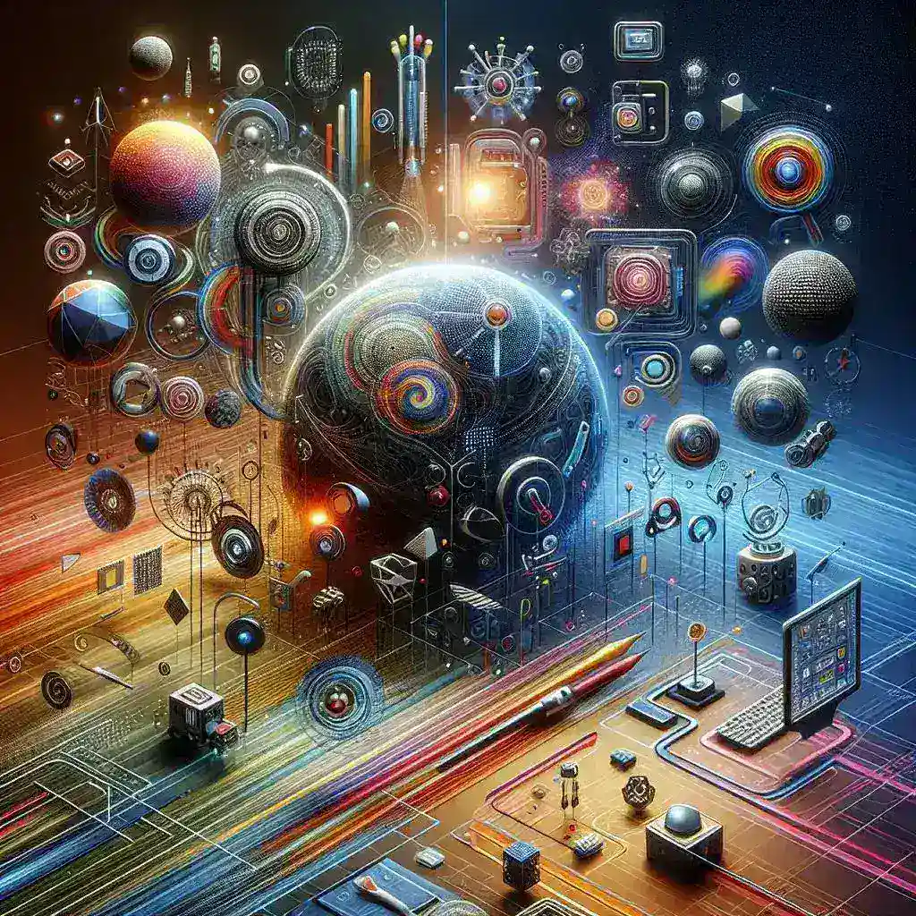 "Dynamic digital design trends for 2024 illustrated with modern graphics and innovative technology concepts, highlighting the future of creative design solutions in a comprehensive guide."
